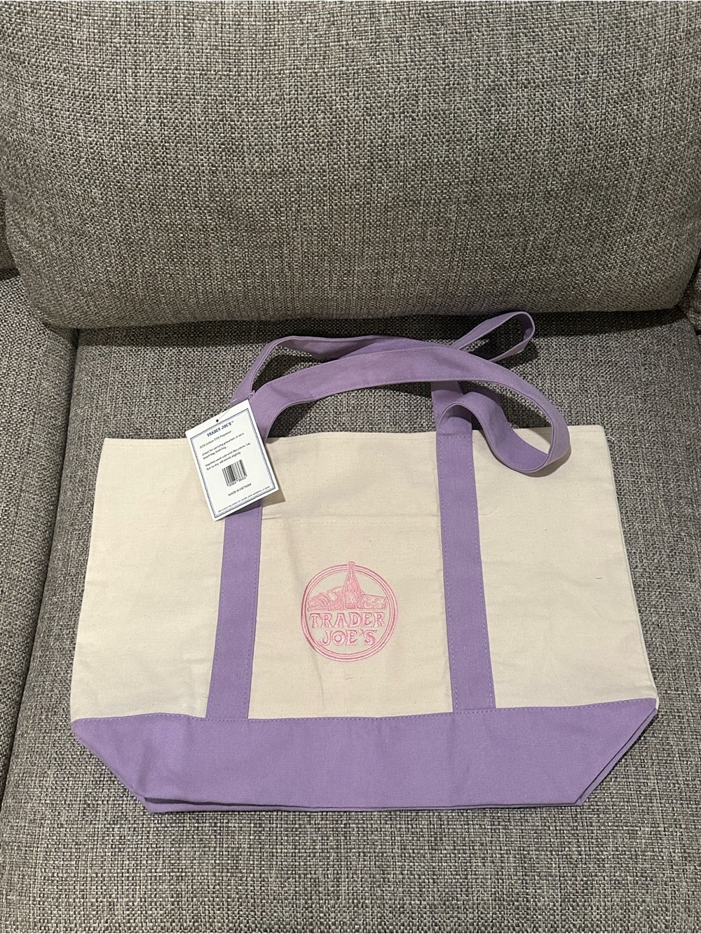 Trader Joe's Cream Canvas Tote with Lavender Trim